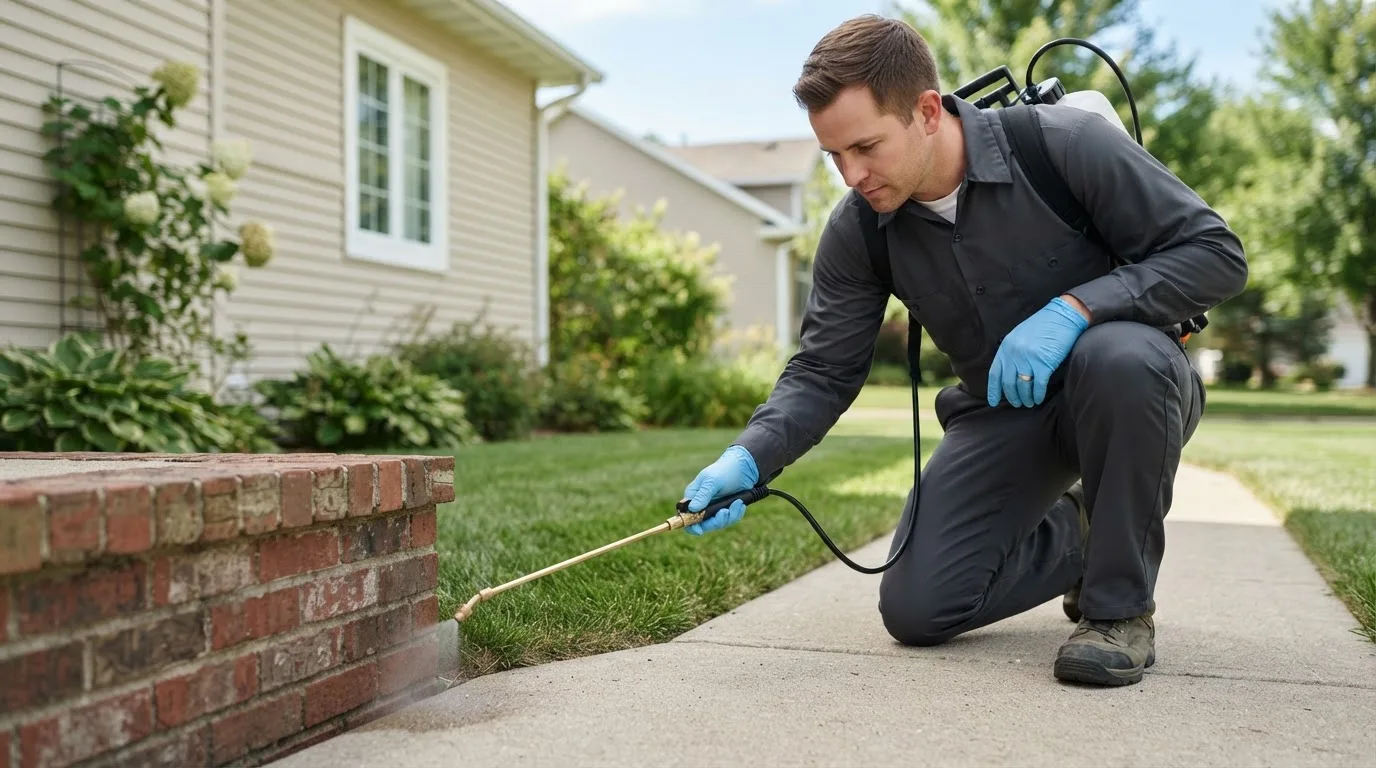 Pest control technician treating a home near Troy, VT
